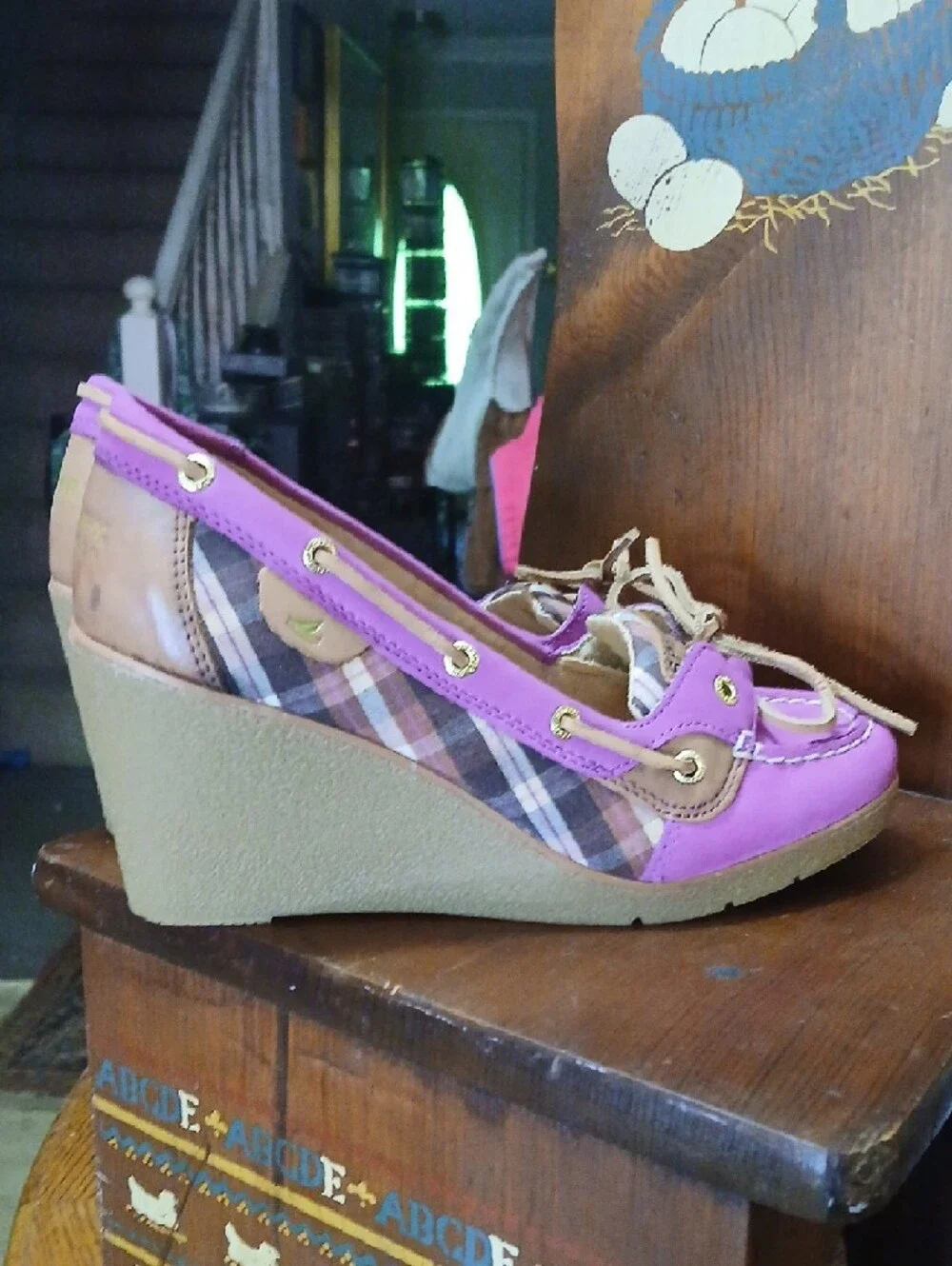 Sperry/topsider,suede Fuscia Plaid Wedge Shoes‎ with Tan Leather-Laces, Sz.8m